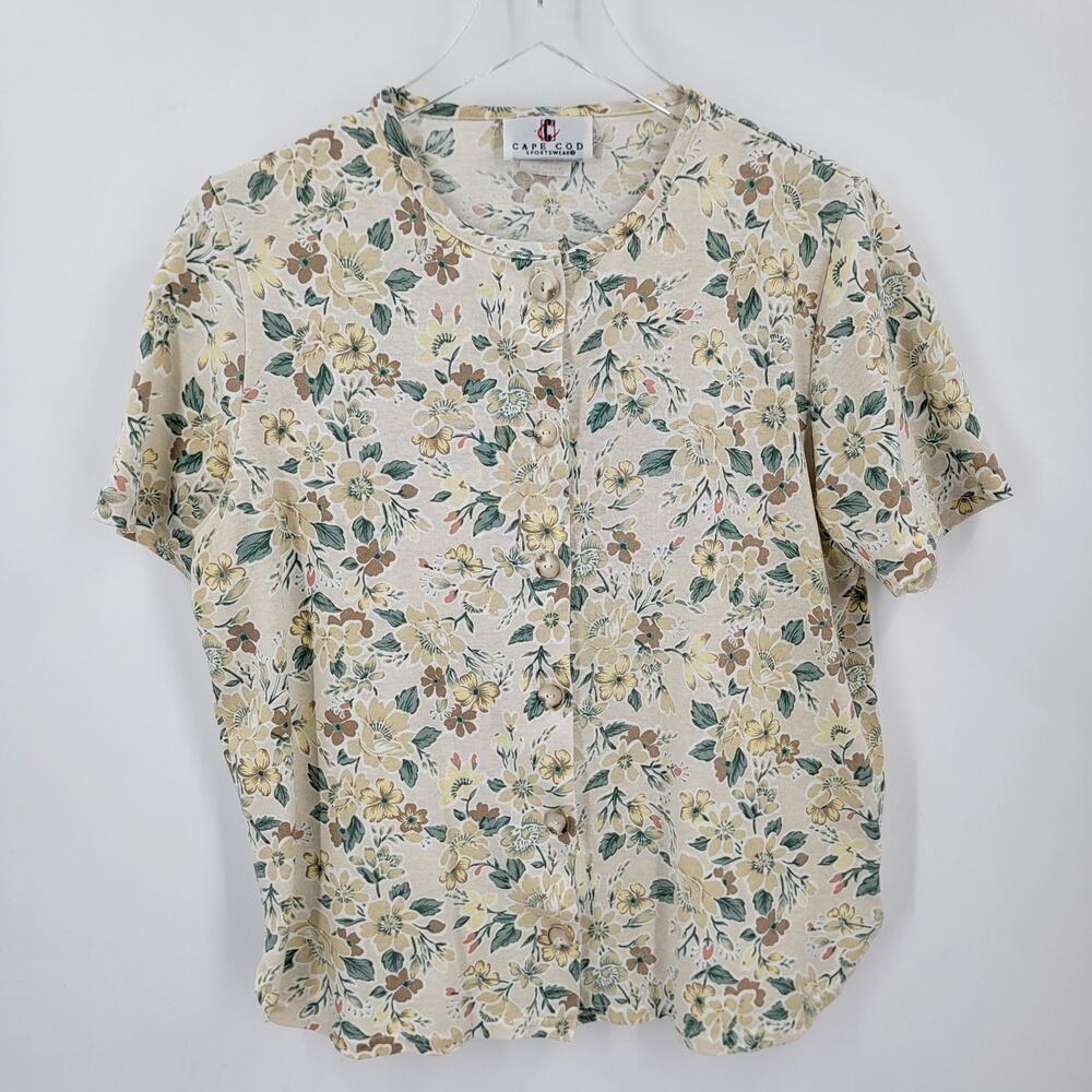 Vintage Cape Cod Sportswear Blouse Womens Small Beige Floral Button Up